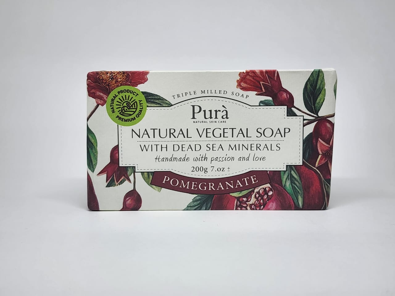 PURA Natural Vegetal Soap with Dead Sea Minerals - POMEGRANATE 200 gm (Handmade Soap)
